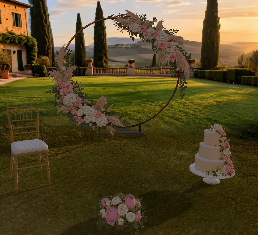 A floral arch, a gold chair, a cake and peonies on the villa lawn