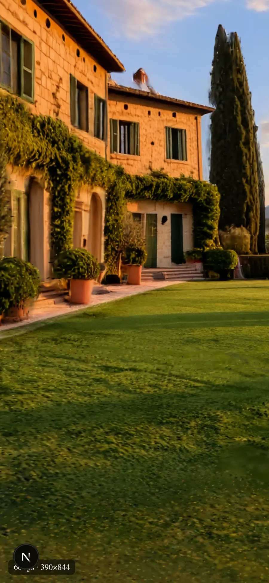 The villa from the lawn, rebuilt in 3D