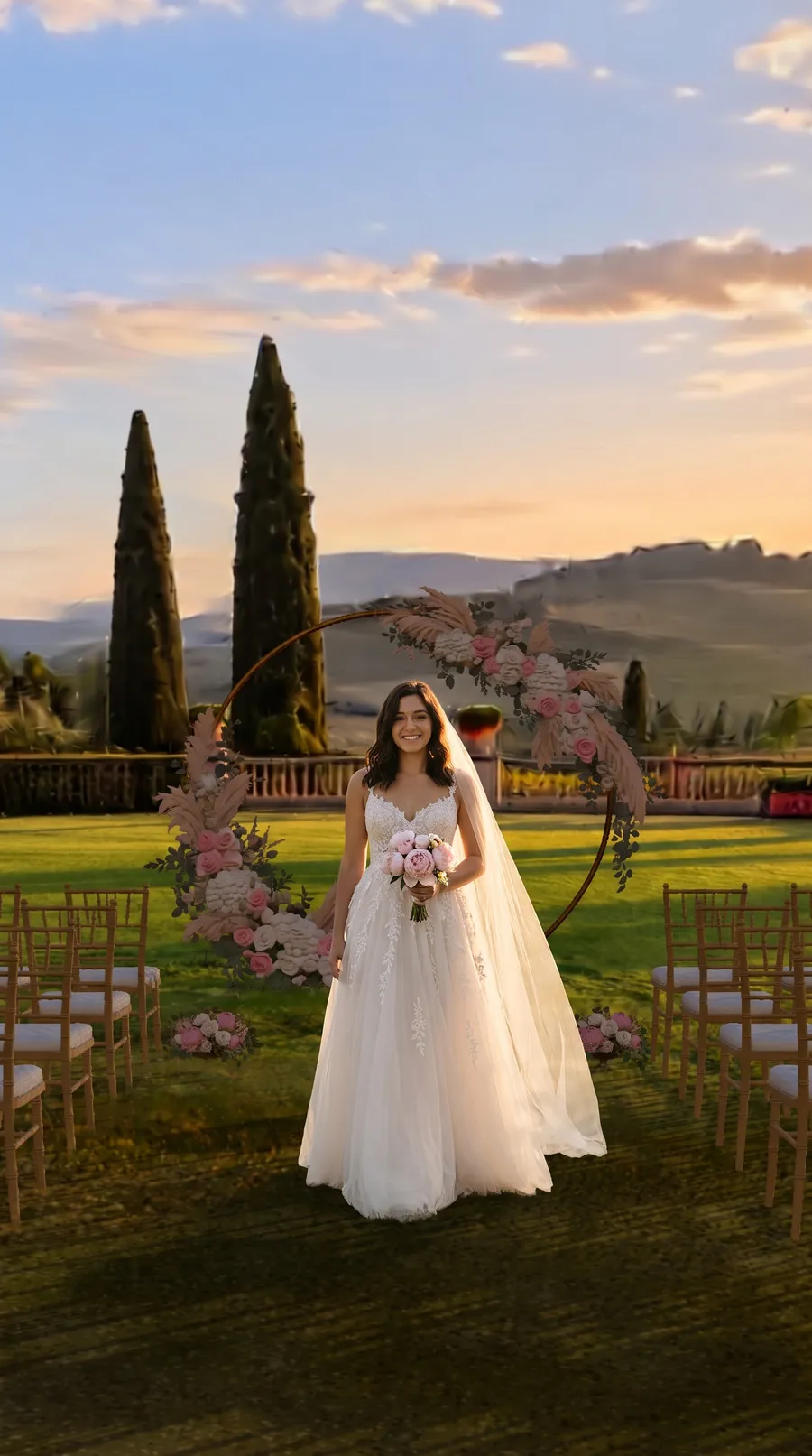 A bride with a bouquet of peonies on the aisle